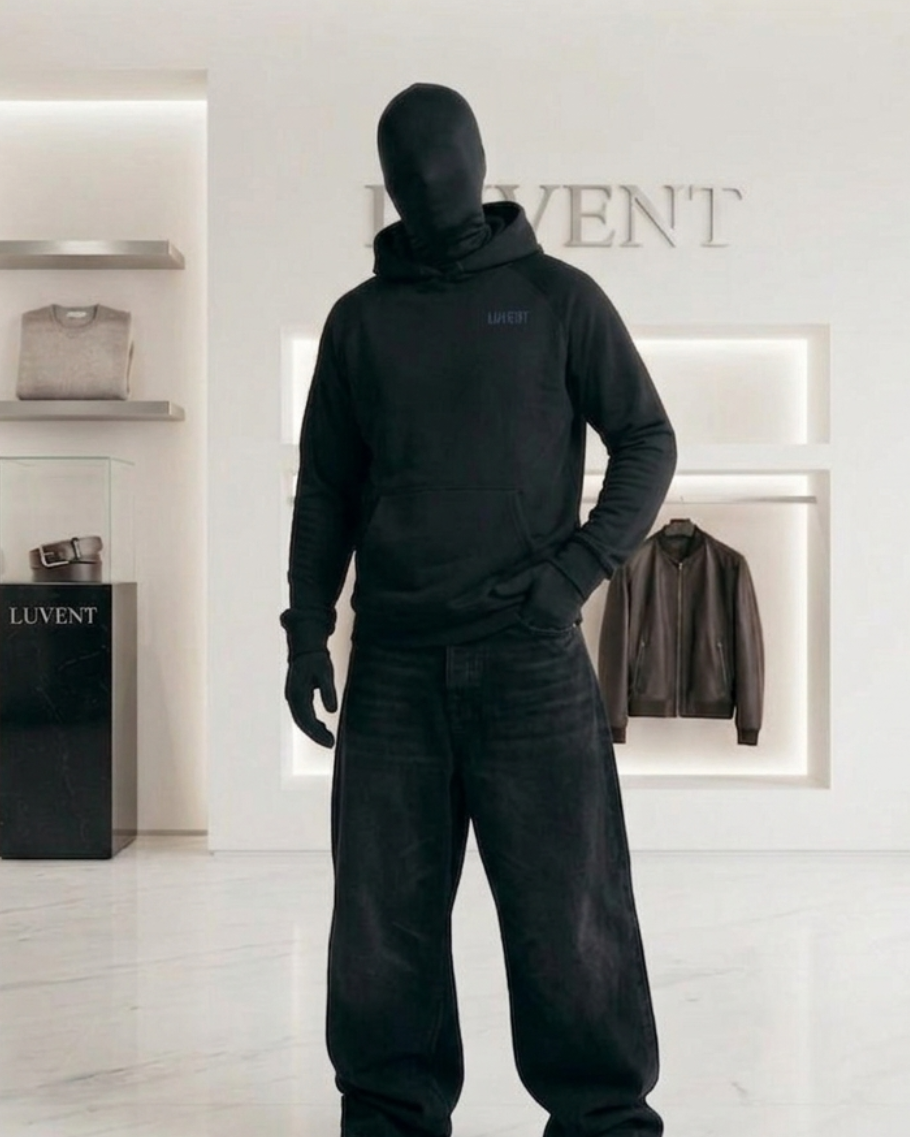 Person wearing a black hoodie and pants in a store with 'LUVENT' branding.