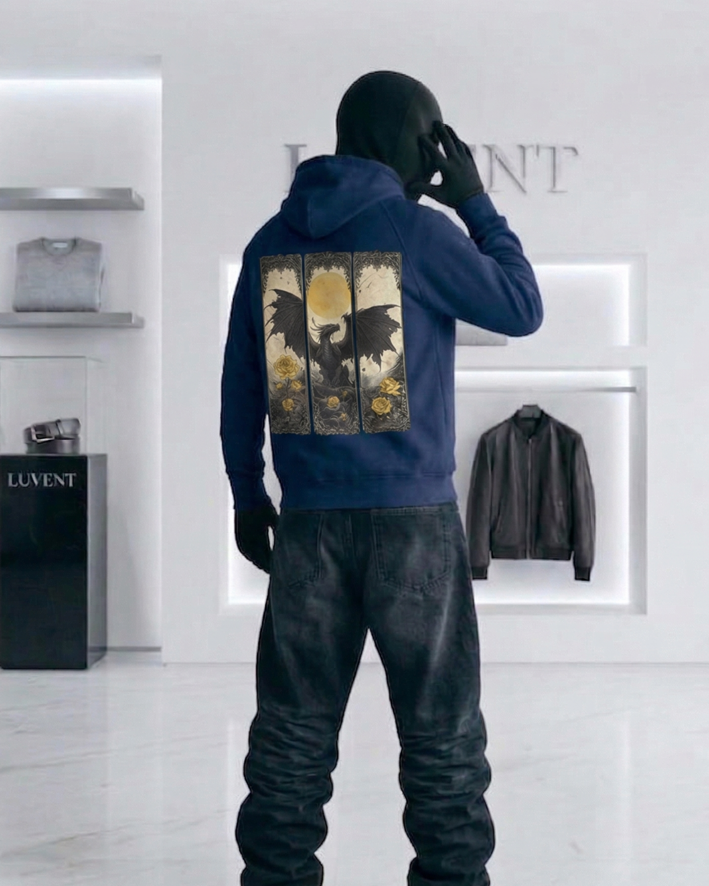 Person wearing a blue hoodie with a dragon design in a store setting